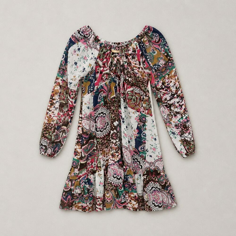 Elan Boho Off Shoulder Paisley Floral Mini Dress Long Sleeve Ruffle Hem Women's